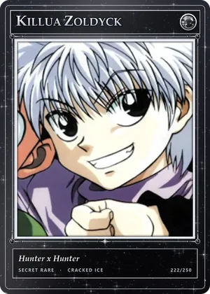 Killua Zoldyck, a Secret Rare card with the Cracked Ice finish
